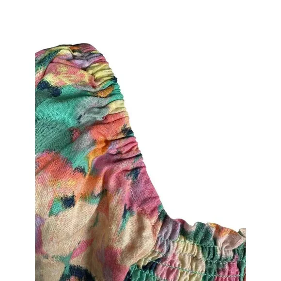 GAP Floral Smocked Dress Medium‎ Linen Cotton Puff Sleeve Colorful Party Cottage - Picture 5 of 13